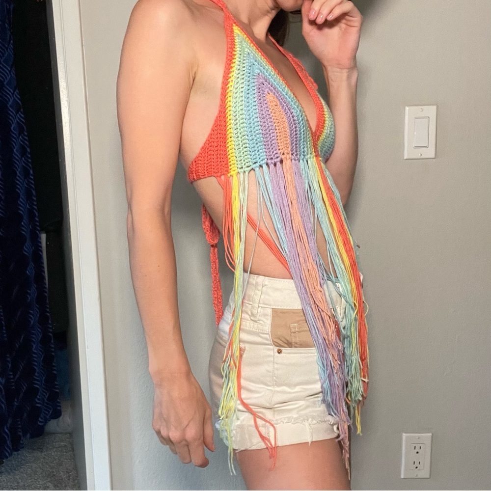 GIFTED Pastel Rainbow Crochet Boho Festival Tank Fringe - Picture 4 of 6